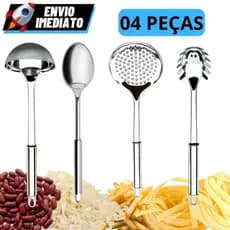 Kit 4 Utensílios 100% Inox Para Cozinha Concha Pegador de Massas Colher e Escumadeira
