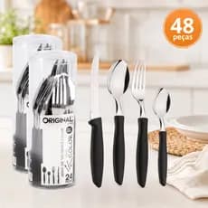 Kit 48 Talher Preto Inox Premium Cabo Plástico Mesa Cozinha