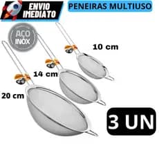 Kit 03 Peneira Coador Manual Em Aço Inox Para Cozinha 10cm 14cm 20cm