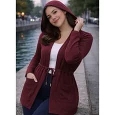Cardigan Feminino Alongado com Capuz e Cinto Ajustável – Estilo Casual Elegante com Bolsos Frontais