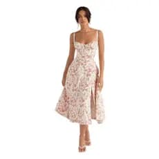 Vestido Midi Romântico Com Flores E Alça Fina Elastex Branco Com Azul Branco Com Rosa