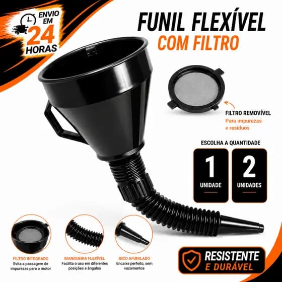 Funil Fléxivel 34cm Plástico Sanfonado Resistente Com Filtro Carros Motos Óleos Gasolina Álcool Combustível