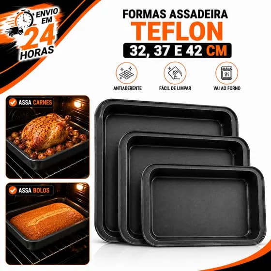 Forma Assadeira Antiaderente Retangular Teflon 32/37/42cm Qualidade Premium Ideal Bolos Carnes Frango Torta Lasanha