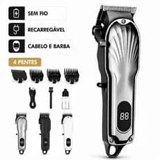 Máquina de Cortar Cabelo Profissional Sem Fio Recarregável Barba Aparador Acabamento com Pentes