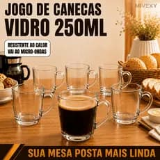 Jogo 6 Canecas de Vidro 250ml Xícaras Café Chá Cappuccino Transparente Resistente ao Calor Alça