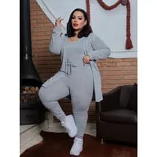 Conjunto Trio Lanzinha Plus Size Feminino Inverno Cardigan, Regata e Calça Jogger Tdc Modas