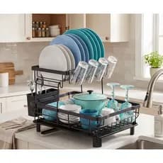 Escorredor de Louças Preto Rack Organizador 2 Andares Porta Copos Talheres Grande Bandeja