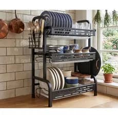 Escorredor de Louça Rack Preto 2 3 Andares Grande Organizador Porta Talheres Aço Carbono