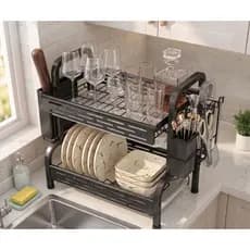 Escorredor de Louça Preto Rack Dois 2 Andares Aço Carbono