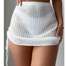 Saida de Praia Saia Curta Tricot Crochê com Cordões Laterais para ajuste Moda Praia E Piscina/w03