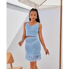 Conjunto Cropped Saia Franjas Tricot Feminino Moda Praia Festa Verão 2025 Lançamento Qualidade／W10