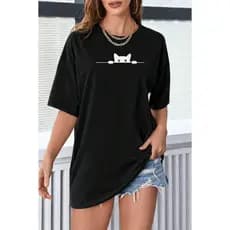Camiseta Feminina Camisão T Shirt 100% Algodão Estampa Gato Feminina Casual Gatinho ENVIO IMEDIATO