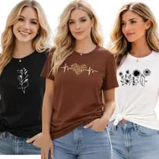 kit 3 Camisetas Feminina de Estampada Gatinho Flores Blusa Larga Camisetão T Shirt 100% Algodão
