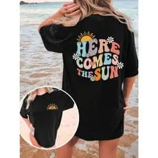 Camiseta Oversized Feminina Estampada Verão Praia 100% Algodão Blogueira Larga Blusão