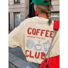 Camiseta Feminina T Shirt Blusa Estampada Coffee Club Retrô Vintage Camisetão Larga 100% Algodão
