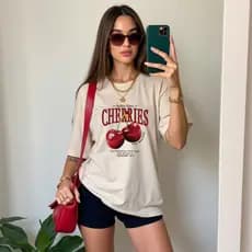 Camiseta Oversized Feminina Estampada "Cherries cereja" Algodão Premium 100% Casual