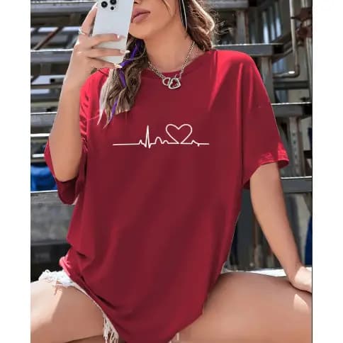 Camiseta Feminina Estampada 100% Algodão Blusa Larga T Shirt Batimento Coração Treino Lançamento