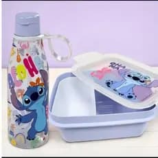 garrafa 500 ml +marmita /kit para lancheira infantil Stitch / pote hermético com travas e divisória móvel