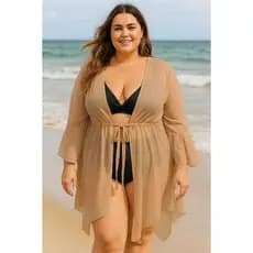 Saida de Praia Plus Size Curta Kimono manga longa Moda Feminina Estilo Vestido