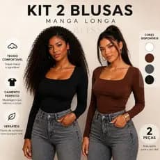 Kit 2 Blusas Frio Feminina Segunda Pele Manga Longa Gola Quadrada Suplex Básica Forro Duplo Inverno