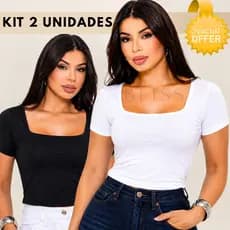 Kit 2 Blusinhas Cropped Camiseta Femininas Manga Curta Gola Quadrada Suplex Premium Forro Duplo