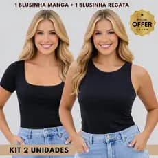 Kit 2 Blusinhas Femininas Regata e Manga Curta Gola Quadrada Blusa Casual Suplex c/ Forro Modeladora