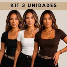 Kit 3 Camisetas Blusas Cropped Femininas Manga Curta Gola Quadrada Suplex Forro Duplo Casual Básico