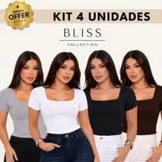 Kit 4 Camisetas Baby Tee Blusas Femininas Manga Curta Blusinha Gola Quadrada Premium Forro Duplo