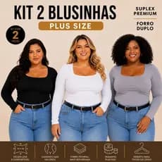 Kit 2 Blusas Plus Size Feminina Manga Longa Gola Quadrada Suplex Básica Forro Duplo Segunda Pele