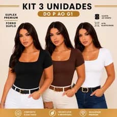 Kit 3 Blusinha Manga Curta Decote Quadrado Forro Duplo Malha Suplex Premium Camiseta Blusa