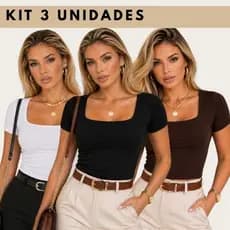 Kit 3 Camisetas Cropped Blusa Feminina Básica Blusinhas Decote Quadrado Manga Curta Suplex com Forro