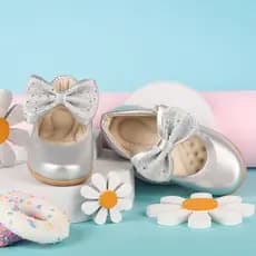 Sapatilha Infantil Menina Social Festa Casamento Batizado Dourada Prata Modinha Laço Removível Com Gliter Brilho