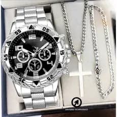 Kit Relógio Masculino Aço Inox Resistente a Água Com Corrente Cruz e Pulseira Presente Dia Dos Pais