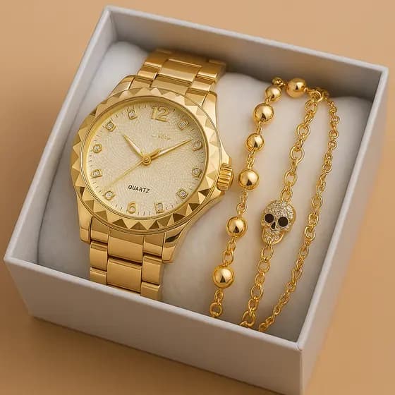 Kit de Relógio Feminino A Prova D'água metal Dourado Rose Prata com Pulseira-