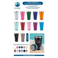 Copo térmico inox com tampa abridor e caixa de som com bluetooth Led 420ML
