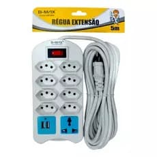 Extensão Elétrica 9 Tomadas Régua Bivolt Com 2 Usb 5 Metros Cor Branco 127v/220v