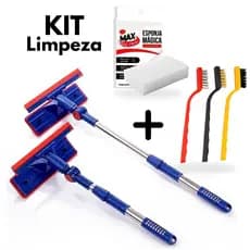 KIT Rodo Limpa Vidro e Box Extensível + Escovas Multiuso Aço Latão Nylon + Esponja Mágica