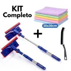 KIT Rodo Limpa Vidro e Janela Extensível 2 em 1 + 1 Escova De Limpeza + 5 Pano De Limpeza Microfibra