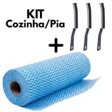 KIT Pano Picotado em Rolo 24x30cm Multiuso 50und+ 3 Escovas Limpa Canto Multiuso para Pia e Trilhos