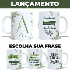 Caneca Letra Floral Verde Personalizada com Nome Porcelana 325ml Presente para Mulheres