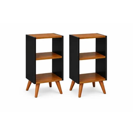 Kit 2 Mesa de Cabeceira Retrô Compacta com Nicho para Quarto Casal ou Solteiro