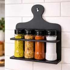 Porta Temperos Condimentos de Parede Mini Tábua MDF c/ 4 Potes 130ml Buchas e Parafusos