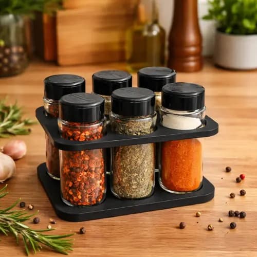 Porta Tempero 6 Potes Plástico 130ml Tampa Dosadora Dupla MDF Cozinha