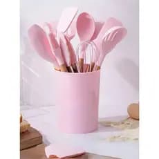 Jogo de Utensílios de Cozinha em Silicone com 12 Peças e Suporte de Copo - Cabos de Madeira