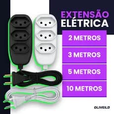Extensão Elétrica 2/3/5/10 metros Tripolar 10A Bivolt 110/220V Branca ou Preta