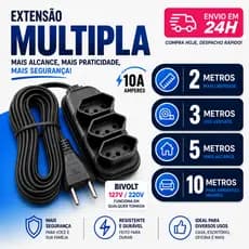 Extensão Elétrica 2, 3, 5 ou 10 metros Bivolt Tripolar 10A Resistente Cor Preta