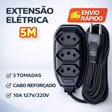 EXTENSÃO ELÉTRICA 5 METROS COM 3 ENTRADAS 110/220V 10A - COR PRETA