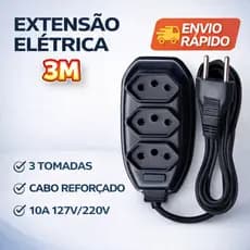 EXTENSÃO Elétrica 3 METROS COM 3 TOMADAS 110/220V - 10A - COR Preta