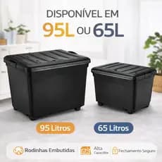 Caixa Organizadora 95L 65L Reforçada com Tampa e Trava Rodinhas Embutidas Empilhável Preta