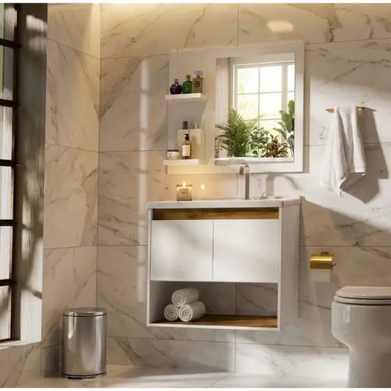 CONJUNTO GABINETE COM ESPELHEIRA E CUBA PARA BANHEIRO 60CM ADONIS BRANCO